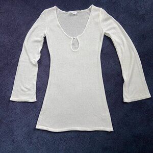 Like New Bobbles & Lace Chic Sheer White Knit Scoop Neck Top w/ Keyhole Detail M